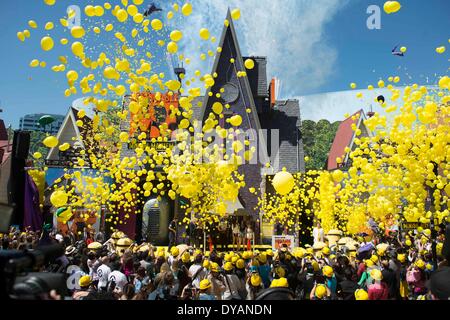 Los Angeles, California, USA. 11th Apr, 2014. Universal Studios Hollywood celebrates the premiere of new 3D ultra HD digital animation adventure 'Despicable Me Minion Mayhem' at Universal Studios Hollywood in Universal City, Los Angeles, California, on April 11, 2014. Credit:  Yang Lei/Xinhua/Alamy Live News Stock Photo