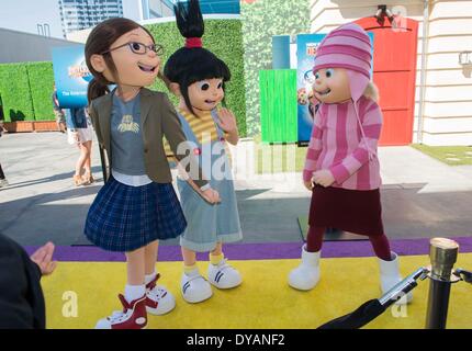 Los Angeles, California, USA. 11th Apr, 2014. Daughters of Gru attend the premiere of new 3D ultra HD digital animation adventure 'Despicable Me Minion Mayhem' at Universal Studios Hollywood in Universal City, Los Angeles, California, on April 11, 2014. Credit:  Yang Lei/Xinhua/Alamy Live News Stock Photo