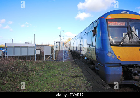 A diesel train stopped at the remote railway station at Haddiscoe, Norfolk, England, United Kingdom. Stock Photo