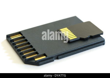Black microSD memory card and SD card adapter isolated on white with shadow Stock Photo