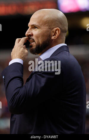 April 5, 2014: Brooklyn Nets head coach Jason Kidd looks on during the NBA game between the Brooklyn Nets and the Philadelphia 76ers at the Wells Fargo Center in Philadelphia, Pennsylvania. The Nets won 105-101. Christopher Szagola/Cal Sport Media Stock Photo
