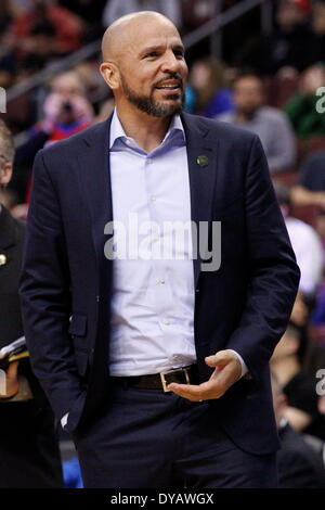April 5, 2014: Brooklyn Nets head coach Jason Kidd reacts during the NBA game between the Brooklyn Nets and the Philadelphia 76ers at the Wells Fargo Center in Philadelphia, Pennsylvania. The Nets won 105-101. Christopher Szagola/Cal Sport Media Stock Photo