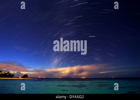 Starry night on tropical resort, beautiful natural background, many little stars in dark blue sky, gorgeous landscape Stock Photo