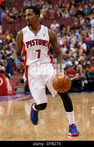 March 29, 2014: Detroit Pistons guard Brandon Jennings (7) in action during the NBA game between the Detroit Pistons and the Philadelphia 76ers at the Wells Fargo Center in Philadelphia, Pennsylvania. The 76ers won 123-98. Christopher Szagola/Cal Sport Media Stock Photo