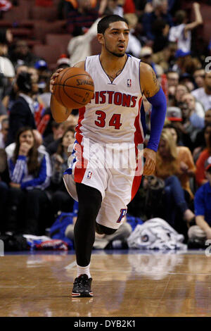 March 29, 2014: Detroit Pistons guard Peyton Siva (34) in action during the NBA game between the Detroit Pistons and the Philadelphia 76ers at the Wells Fargo Center in Philadelphia, Pennsylvania. The 76ers won 123-98. Christopher Szagola/Cal Sport Media Stock Photo