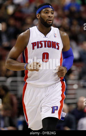 March 29, 2014: Detroit Pistons center Andre Drummond (0) in action during the NBA game between the Detroit Pistons and the Philadelphia 76ers at the Wells Fargo Center in Philadelphia, Pennsylvania. The 76ers won 123-98. Christopher Szagola/Cal Sport Media Stock Photo