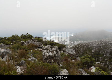 Aerial view of Camps Bay and Lion's Head from Table Mountain on an overcast day Stock Photo