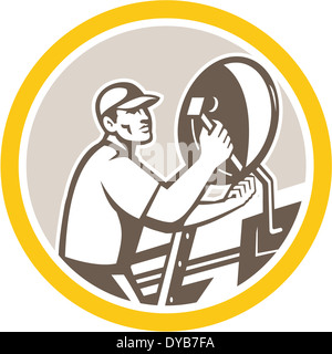 Illustration of a TV satellite dish installer set inside circle done in retro style on isolated background. Stock Photo