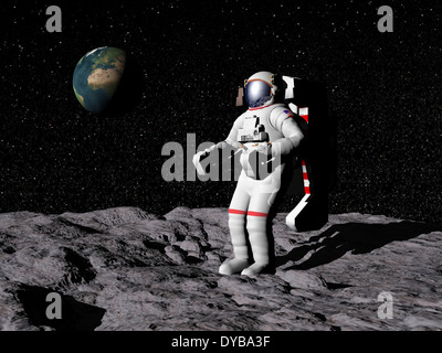 Astronaut on moon with Earth in the background. Stock Photo