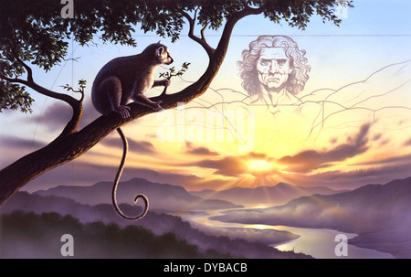 Notharctus sits on a tree branch with Vitruvian man as a backdrop in the sky. Stock Photo