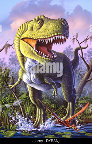 A Tyrannosaurus Rex crashes through a swamp, with a pterodactyl flying away in front. Stock Photo