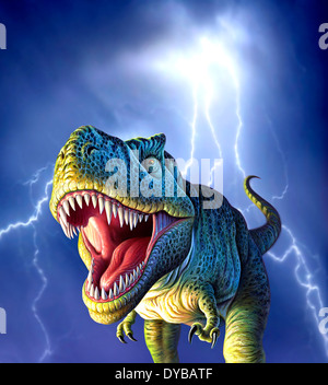A Tyrannosaurus Rex with a blue stormy sky and lightning behind it. Stock Photo