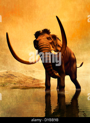 A woolly mammoth in a dramatic frozen sunset. Stock Photo