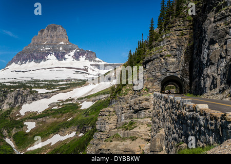 Going to the Sun Road with Clements Mountain and tunnel near Logan Pass in Glacier National Park, Montana, USA. Stock Photo