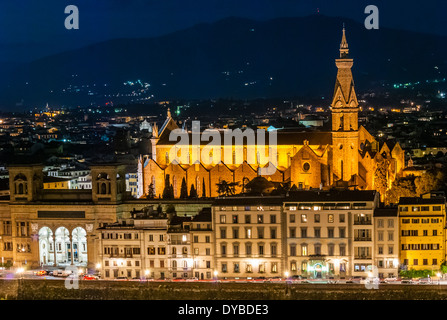 Nightly view of Santa Croce Church (Florence, Italy) taken from Piazzale Michelangelo at twilight Stock Photo