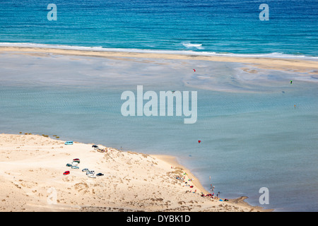 Playa de Sotavento with its beautiful lagoon filled with windsurfers. Stock Photo