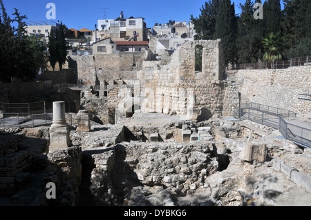 Ruins and columns at the Pool of Bethesda, Muslim quarter, Old city of Jerusalem, Israel Stock Photo