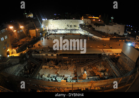 Wailing wall at night, view from Jewish quarter, Old city of Jerusalem, Israel Stock Photo