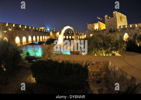Tower of David Museum at night, Old City of Jerusalem, Israel Stock Photo
