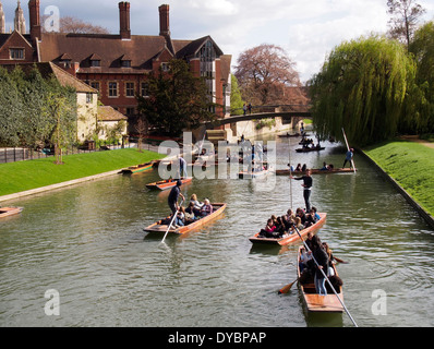 Punting on the River Cam - chaos as punts jam up near Garrett Hostel Bridge with Jerwood Library, Trinity Hall back left. Stock Photo