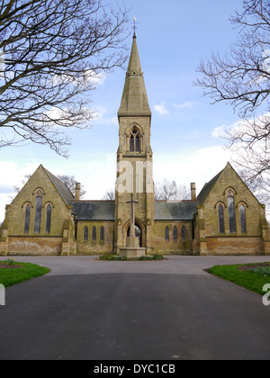 Hebburn Cemetery - twin chapel with church spire.  Hebburn, Tyne and Wear, England, UK Stock Photo