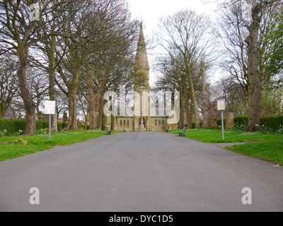 Hebburn Cemetery - twin chapel with church spire.  Hebburn, Tyne and Wear, England, UK Stock Photo