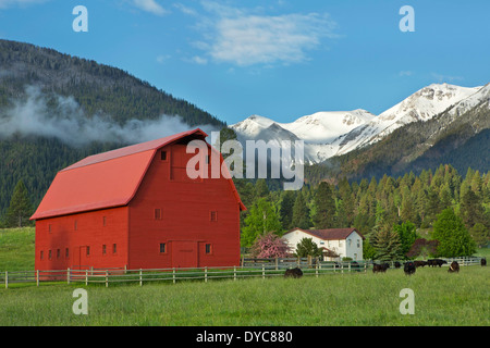 The agricultural and ranching area near Joseph, Oregon lies below the Wallowa Mountains in the spring. USA Stock Photo