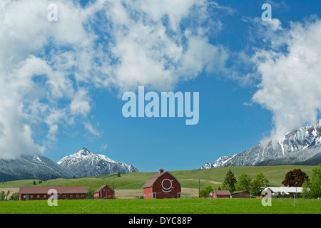 The agricultural and ranching area near Joseph, Oregon lies below the Wallowa Mountains in the spring. USA Stock Photo