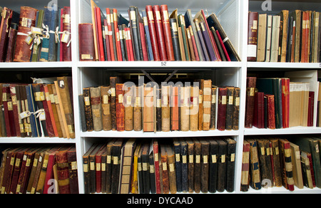A shelf of archived material in storage. Stock Photo