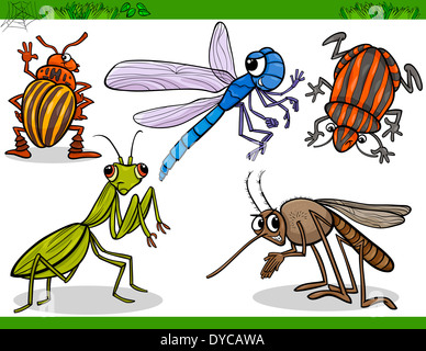 Cartoon Illustration of Happy Insects or Bugs Set like Dragonfly or Mosquito and Mantis Stock Photo