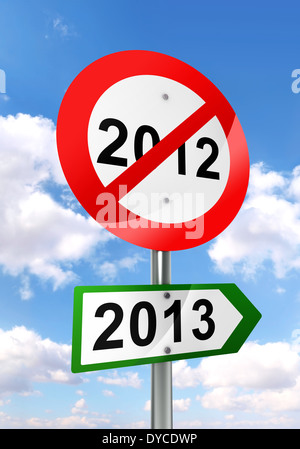 new year road sign red and green on sky background. clipping path included Stock Photo
