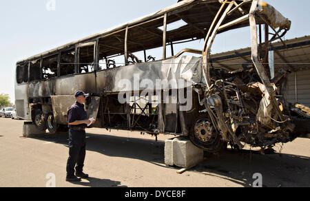 A NTSB accident investigator views the charred wreckage of a motor coach destroyed in a head on collision with a tractor trailer truck April 12, 2014 in Orland, CA. The accident, which killed 10 people, including five students, and injured dozens, occurred April 10th on Interstate 5 in Orland, a town about 100 miles north of Sacramento, California.