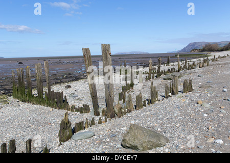 Picturesque view of jetty remains at Aber Ogwen beach on the Wales Coast Path between Llanfairfechan and Bangor. Stock Photo
