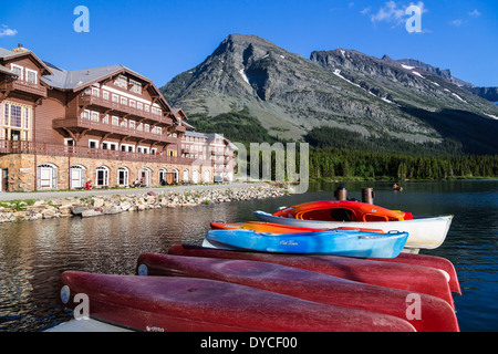 The recreational canoe dock at the Many Glacier Hotel on Swift Current Lake in Glacier National Park, Montana, USA. Stock Photo