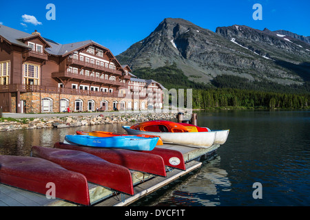 The recreational canoe dock at the Many Glacier Hotel on Swift Current Lake in Glacier National Park, Montana, USA. Stock Photo