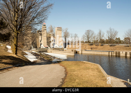 Peterborough Lift Lock in early spring on the Trent Severn Waterway. Stock Photo