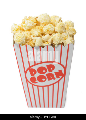 Popcorn in a red and white Bucket filled to the top ready for film night on a white background Stock Photo