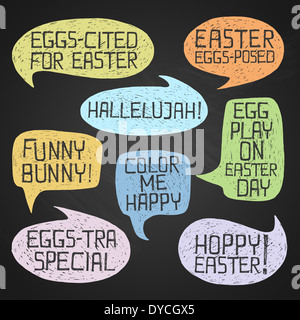 Easter hand-drawn colorful humorous phrases on chalkboard background Stock Photo