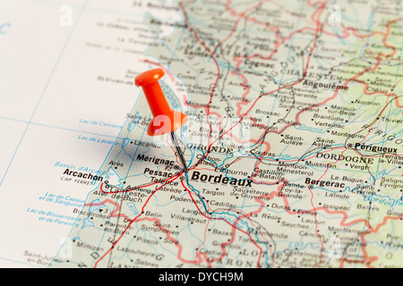 Red map pin pointing on map to the city of Bordeaux. Stock Photo