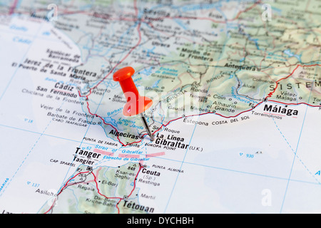 Red map pin pointing on map to Gibraltar. Stock Photo