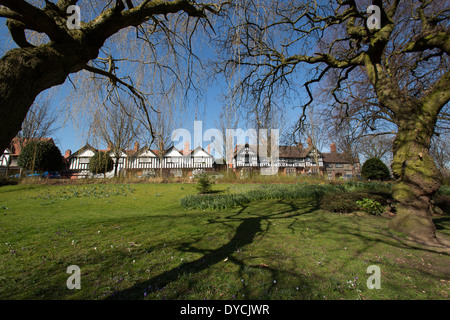 Village of Port Sunlight, England. Picturesque spring view in Port Sunlight’s Dell with Park Road in the background. Stock Photo