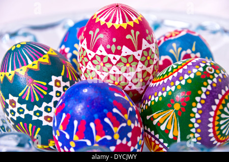 Colourful Easter Eggs In A Bowl Of Glass. Stock Photo