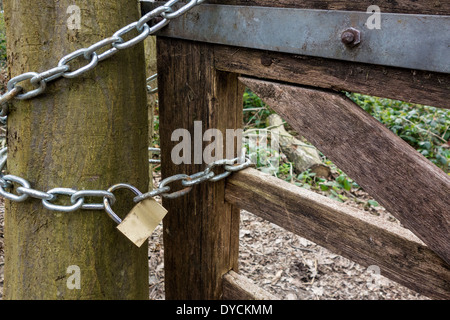 Farm gate chained and padlocked. Stock Photo