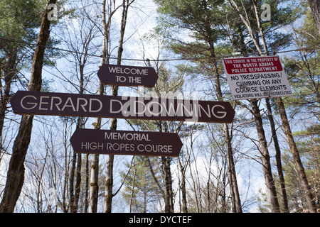 North Adams (Massachusetts)  Downing Memorial High Rope Course sign welcomes visitors with a warning. Stock Photo