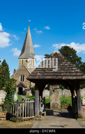 The Church of St James and lych gate in the village of Shere, Surrey, UK Stock Photo