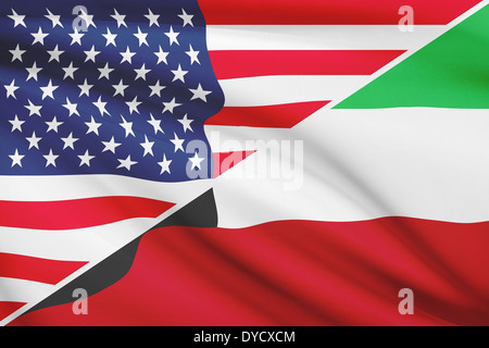 Flags of USA and State of Kuwait blowing in the wind. Part of a series. Stock Photo