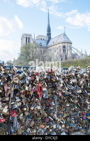 Love locks on the Pont des Arts bridge in Paris, above the river Seine, Paris, France. Stock Photo