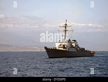 US Navy Arleigh Burke-class guided-missile destroyer USS Donald Cook conducts operations March 31, 2014 in the Mediterranean Sea. Stock Photo