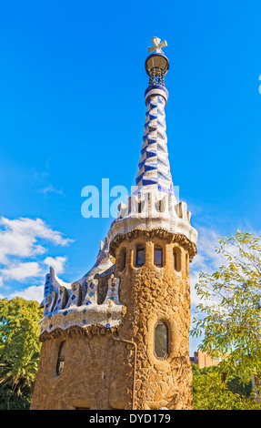 Entrance house  at the Guell Park in Barcelona, on the sunny day. Recognizable entrance to the public park. Stock Photo