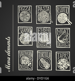 Dishes menu elements - retro style hand-drawn icons set on chalkboard background Stock Photo